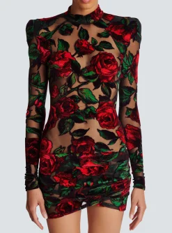 Women Balmain Burnout Velvet Dress With Rose Print