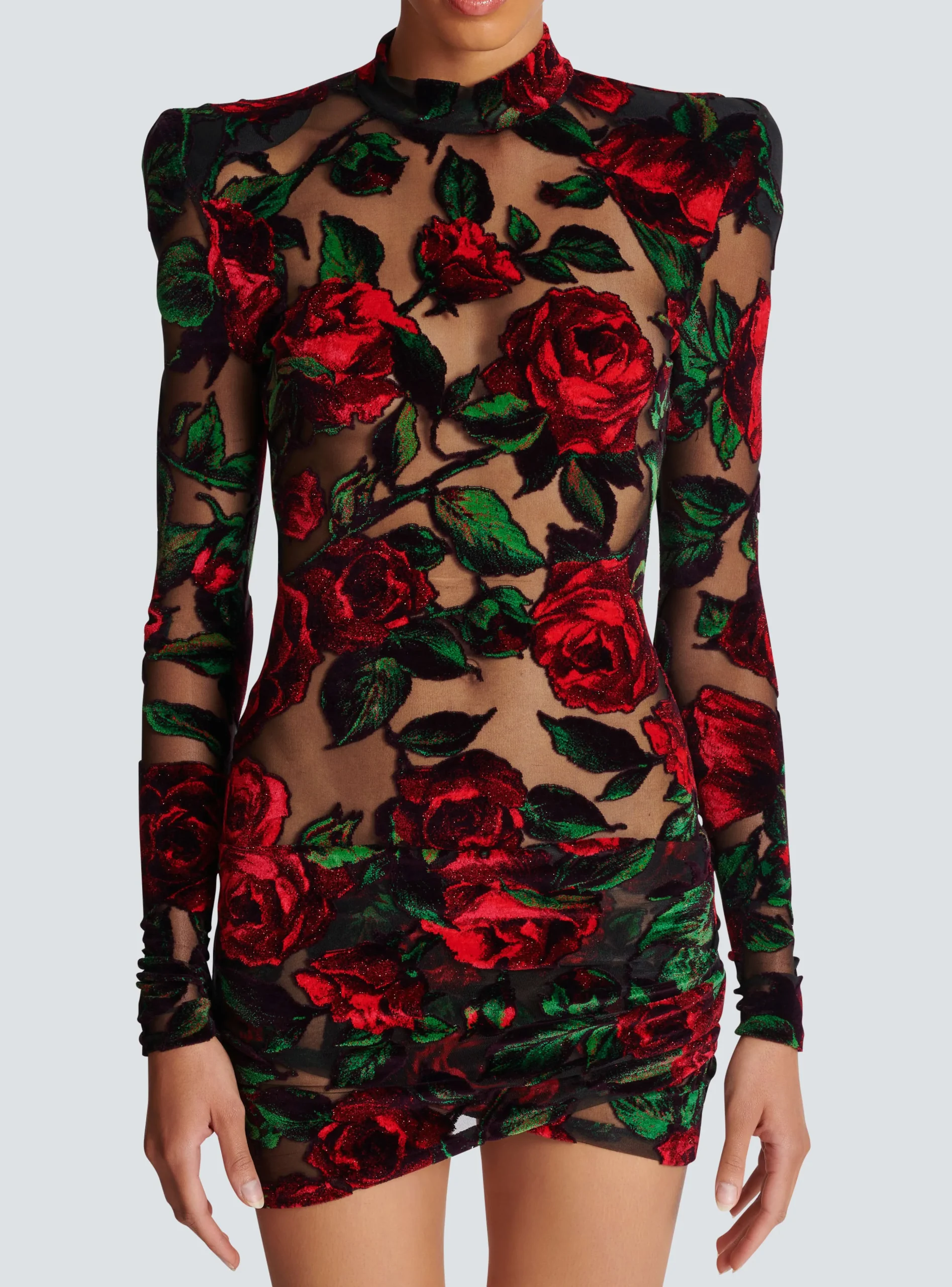 Women Balmain Burnout Velvet Dress With Rose Print