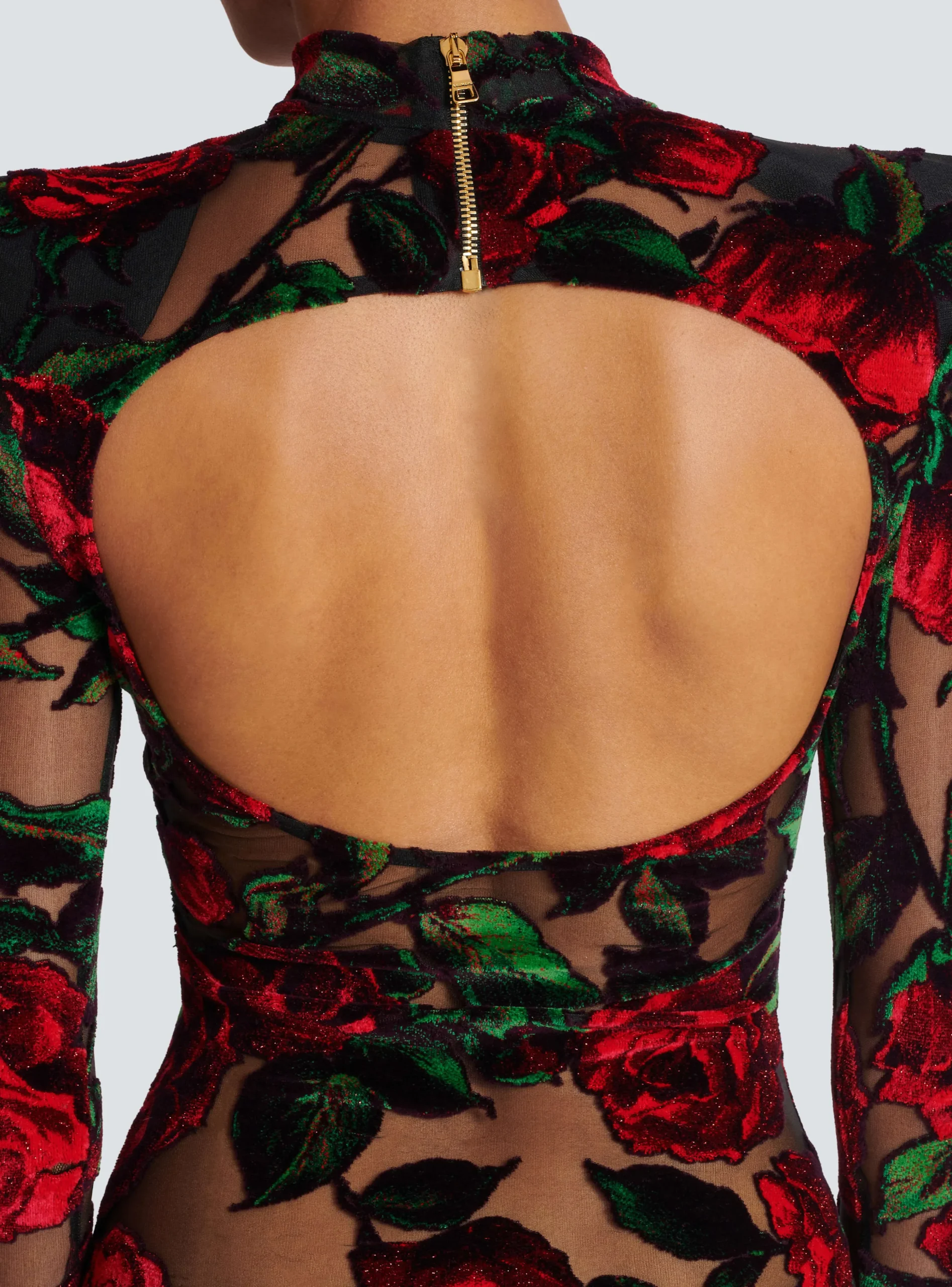 Women Balmain Burnout Velvet Dress With Rose Print