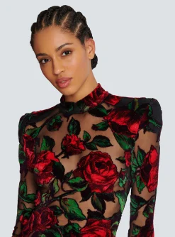 Women Balmain Burnout Velvet Dress With Rose Print