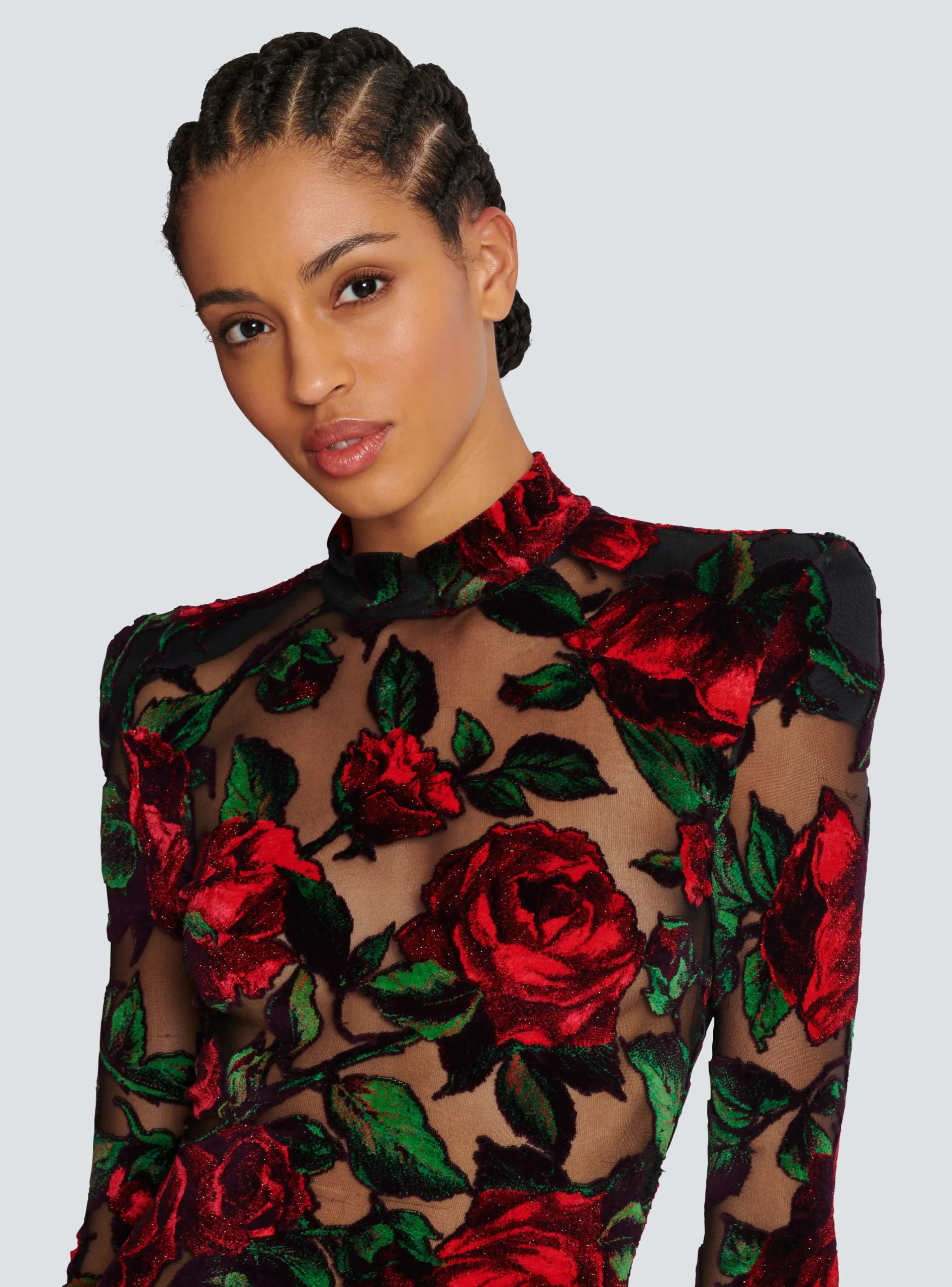 Women Balmain Burnout Velvet Dress With Rose Print