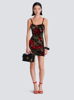 Women Balmain Burnout Velvet Dress With Rose Print