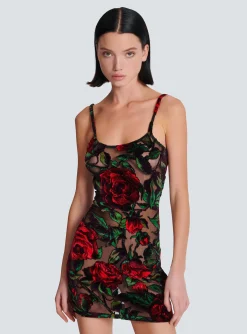 Women Balmain Burnout Velvet Dress With Rose Print