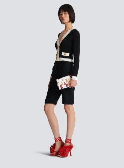 Women Balmain Calfskin B-Buzz Pouch 23 With A Roses Print And Embossed Grid Motif