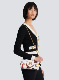 Women Balmain Calfskin B-Buzz Pouch 23 With A Roses Print And Embossed Grid Motif