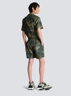 Balmain Camouflage Monogrammed Shantung Shorts