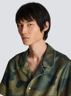 Balmain Camouflage Monogrammed Shantung Short-sleeved Shirt