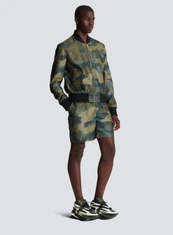 Balmain Camouflage Monogrammed Shantung Bomber Jacket
