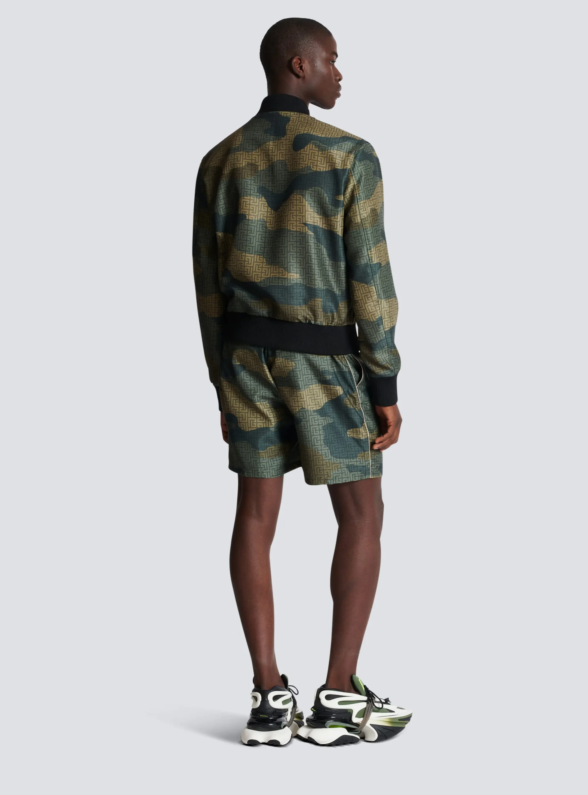 Balmain Camouflage Monogrammed Shantung Bomber Jacket