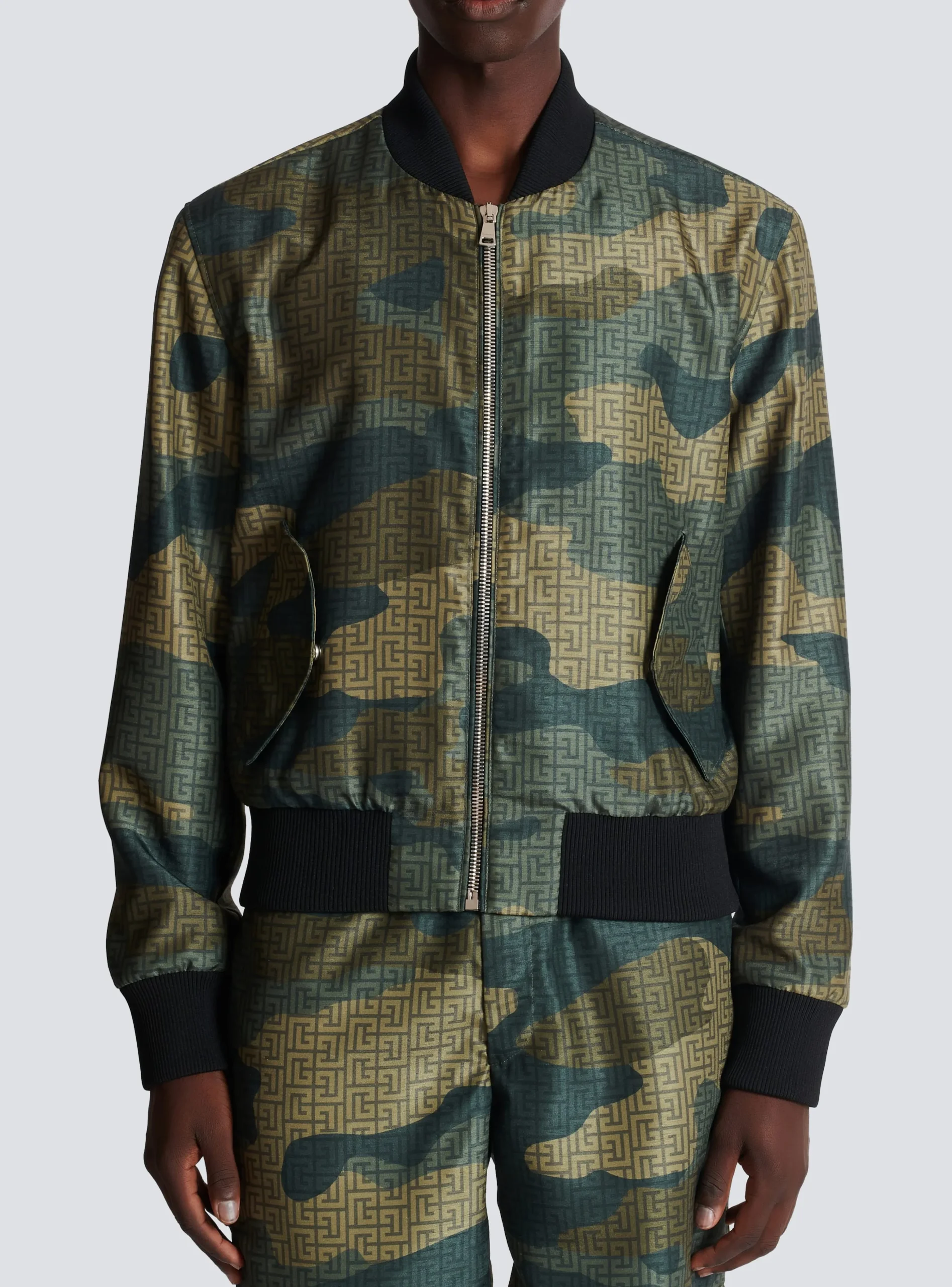 Balmain Camouflage Monogrammed Shantung Bomber Jacket