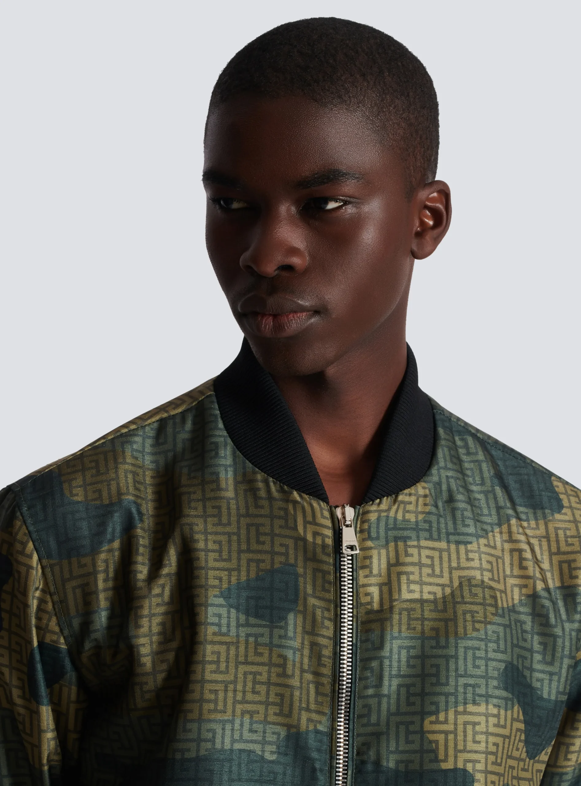 Balmain Camouflage Monogrammed Shantung Bomber Jacket