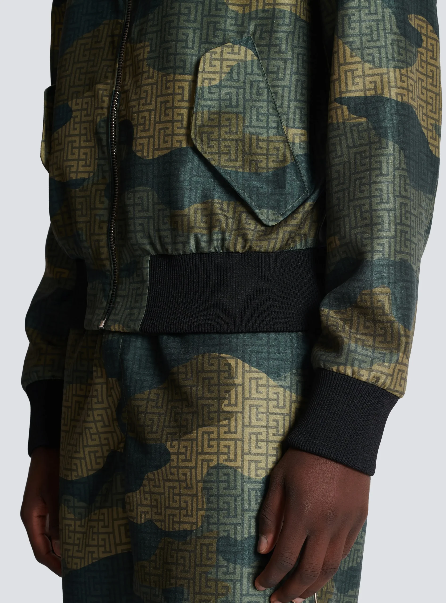 Balmain Camouflage Monogrammed Shantung Bomber Jacket