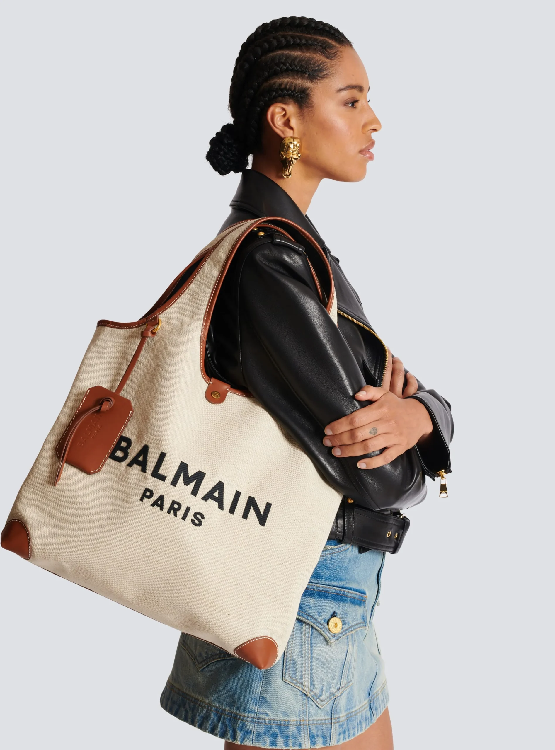 Women Balmain Canvas And Leather B-army Grocery Bag