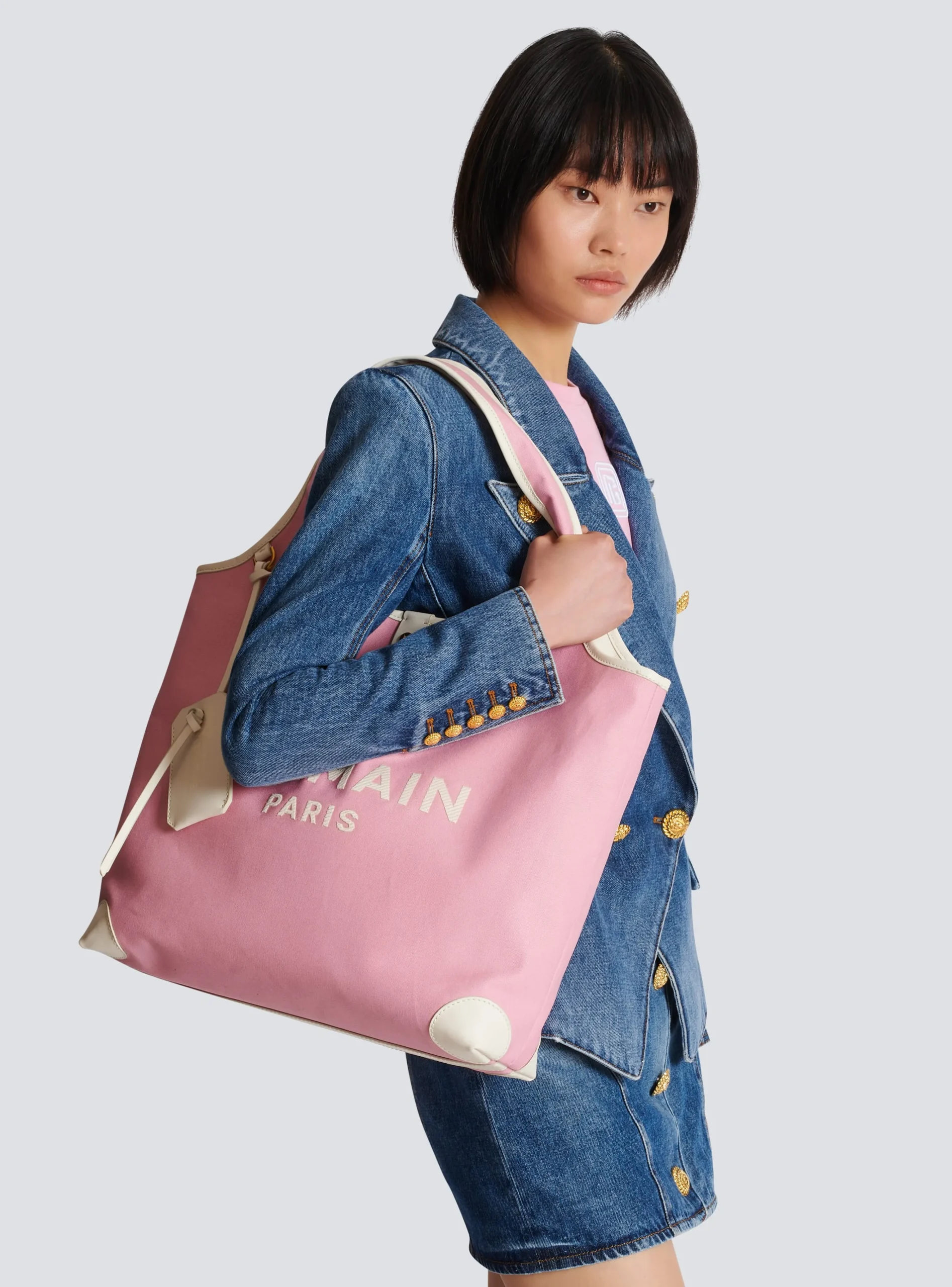 Women Balmain Canvas And Leather B-army Grocery Bag