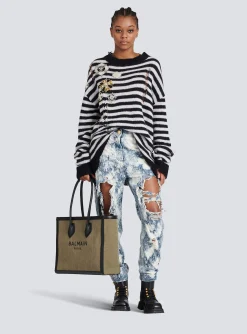 Women Balmain Canvas B-Army 42 Tote With Leather Panels