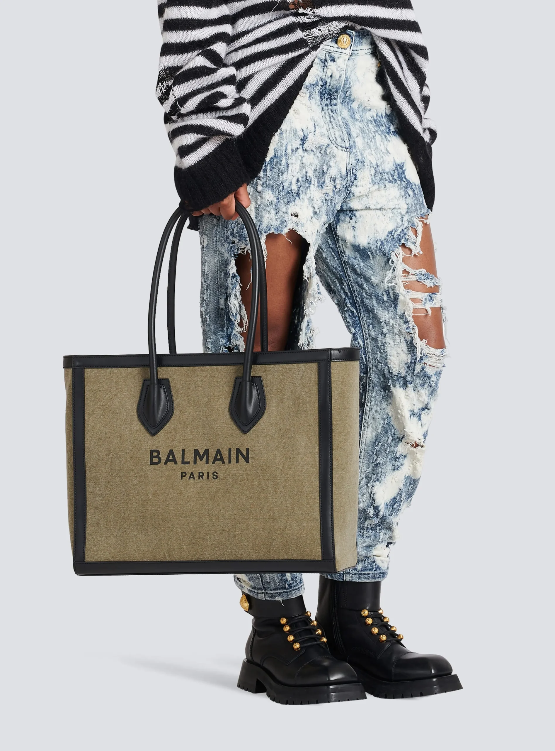 Women Balmain Canvas B-Army 42 Tote With Leather Panels