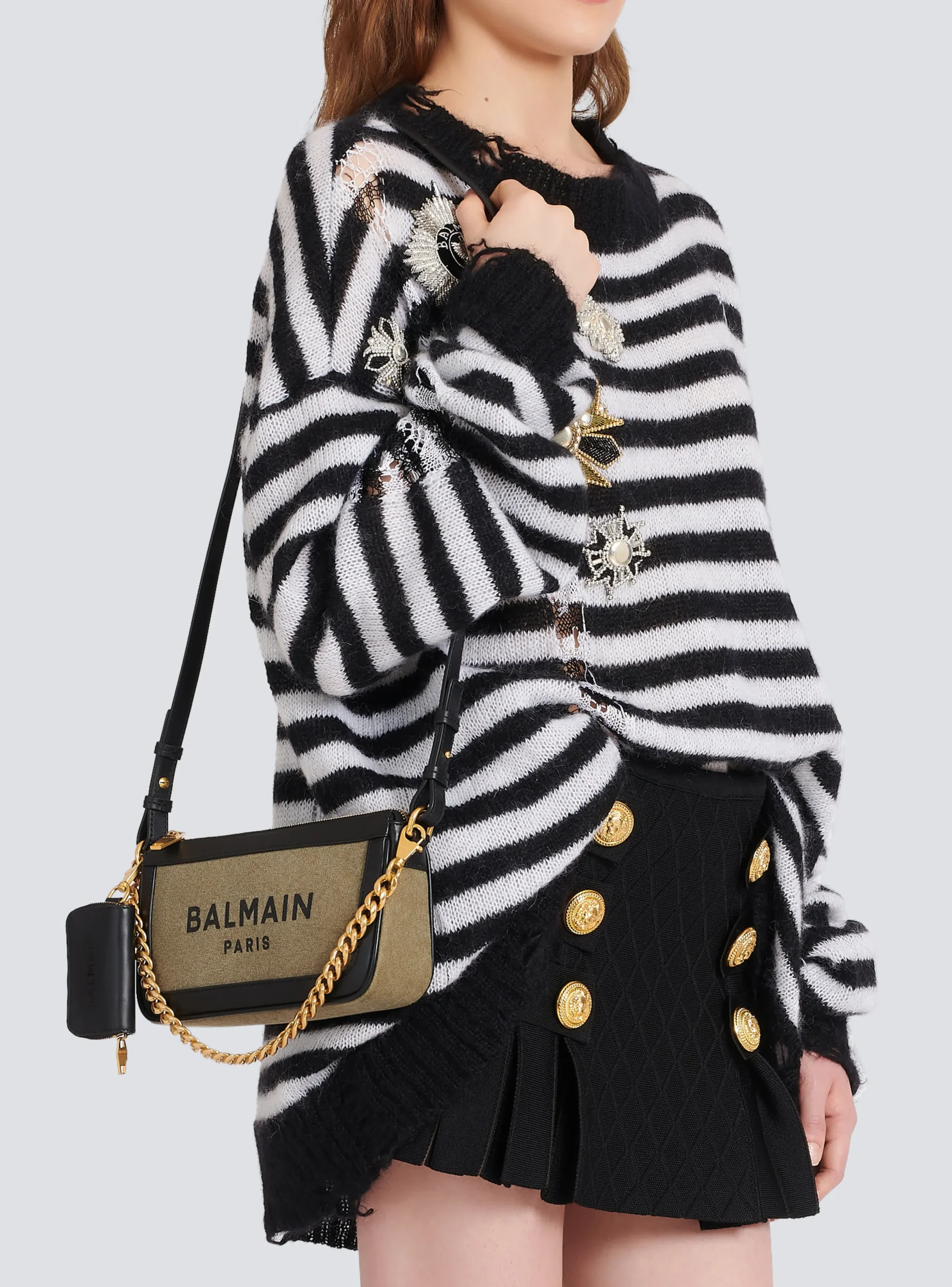 Women Balmain Canvas B-Army Clutch Bag With Leather Panels