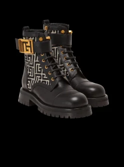 Women Balmain Charlie Monogram Jacquard And Leather Ranger Boots