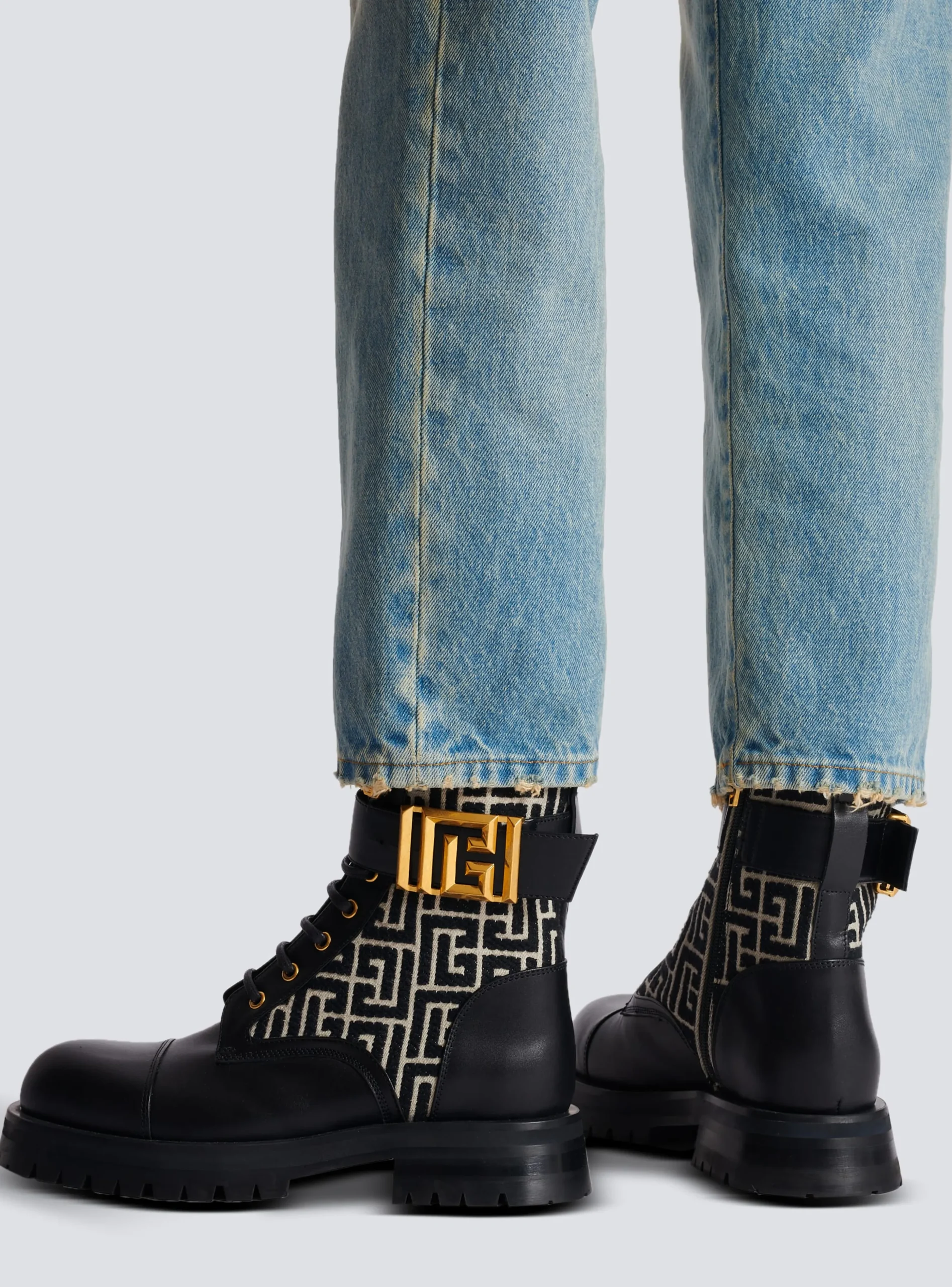 Women Balmain Charlie Monogram Jacquard And Leather Ranger Boots