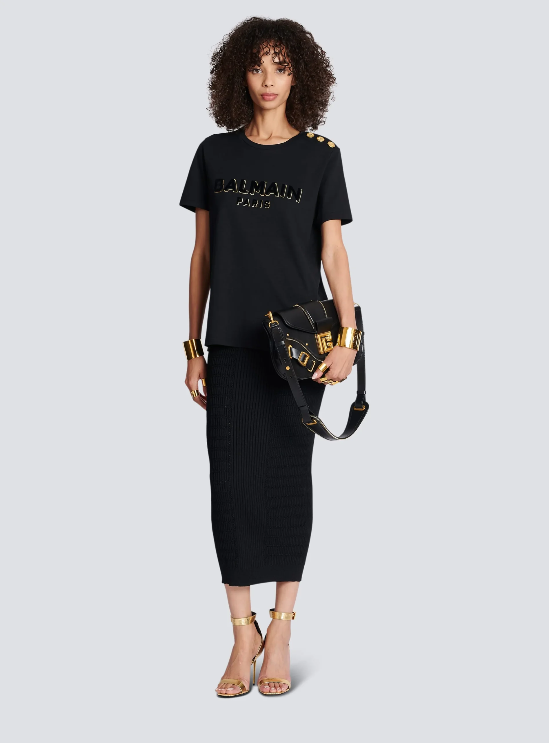 Women Balmain Cotton T-shirt With Flocked Metallic Logo