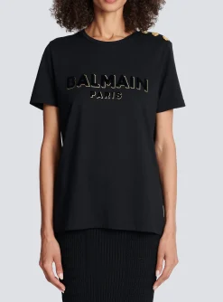 Women Balmain Cotton T-shirt With Flocked Metallic Logo