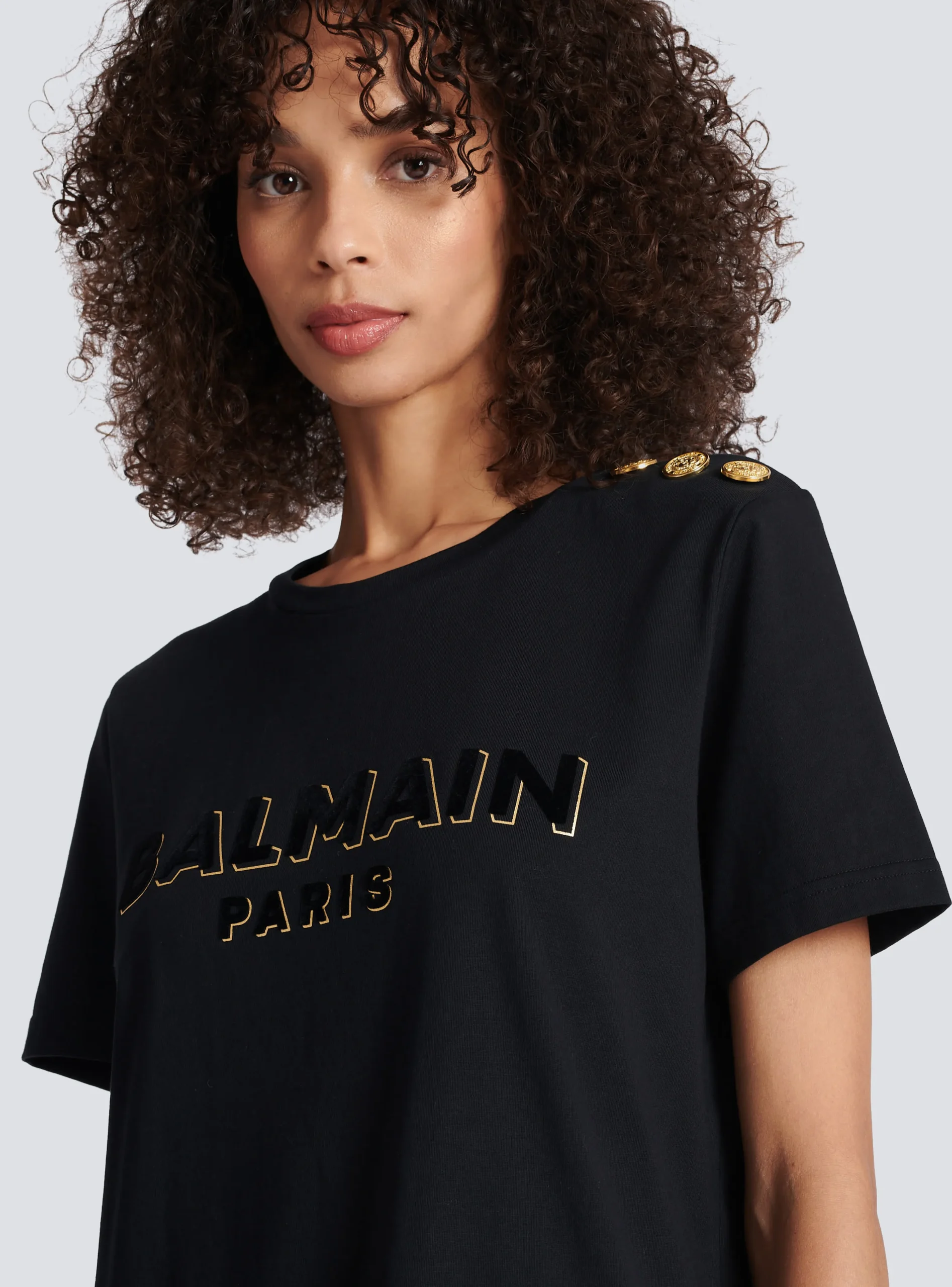 Women Balmain Cotton T-shirt With Flocked Metallic Logo