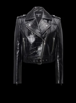 Women Balmain Crocodile-effect Leather Biker Jacket