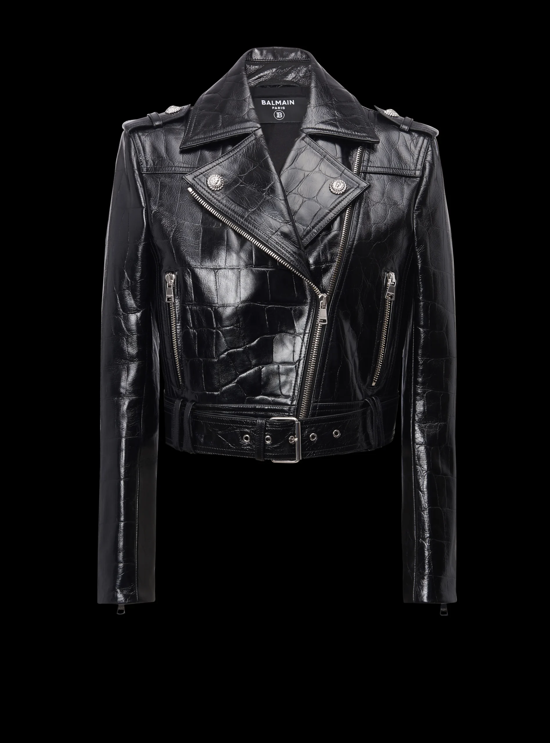 Women Balmain Crocodile-effect Leather Biker Jacket
