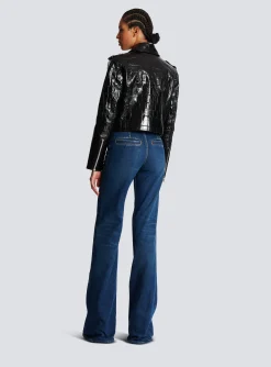 Women Balmain Crocodile-effect Leather Biker Jacket