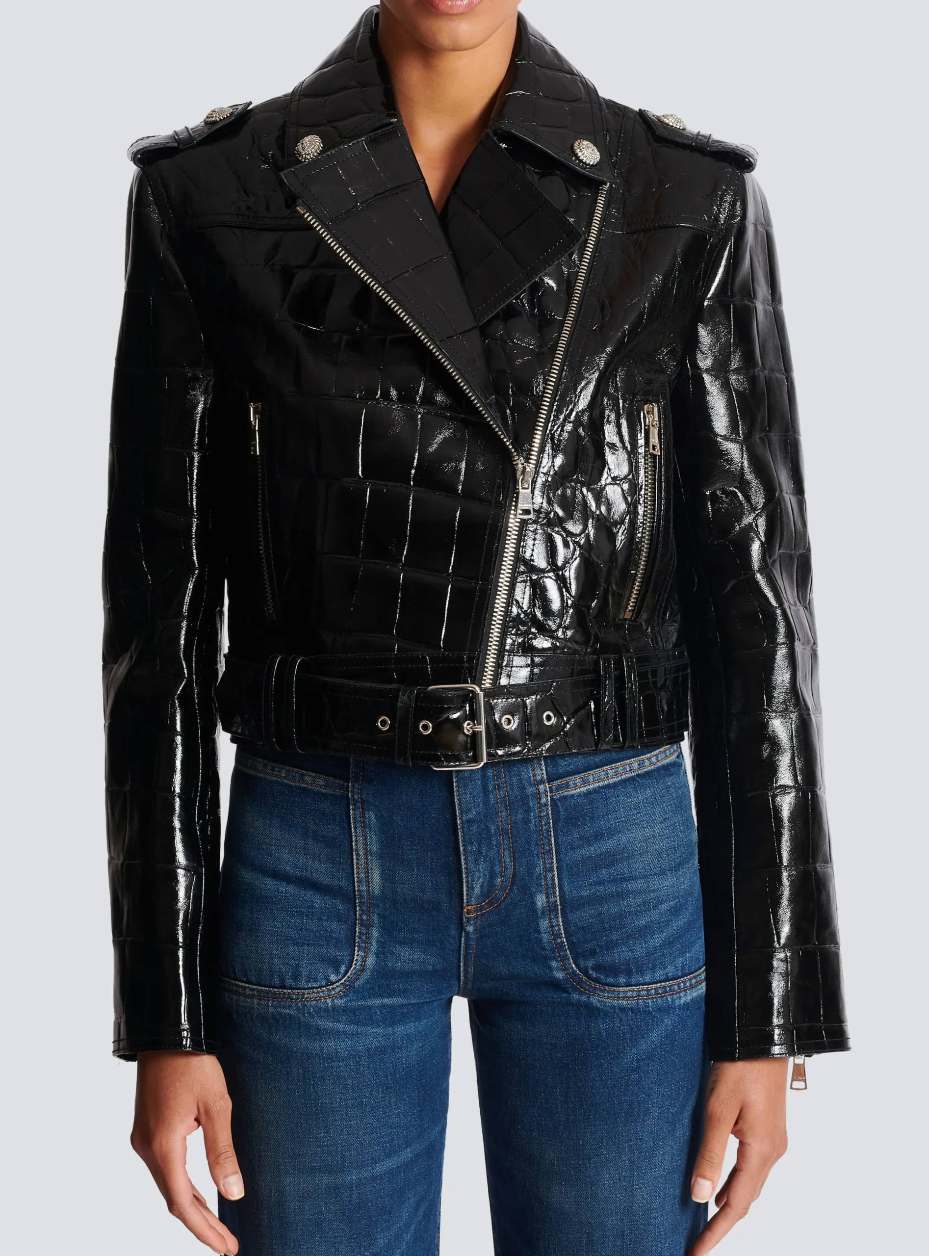 Women Balmain Crocodile-effect Leather Biker Jacket