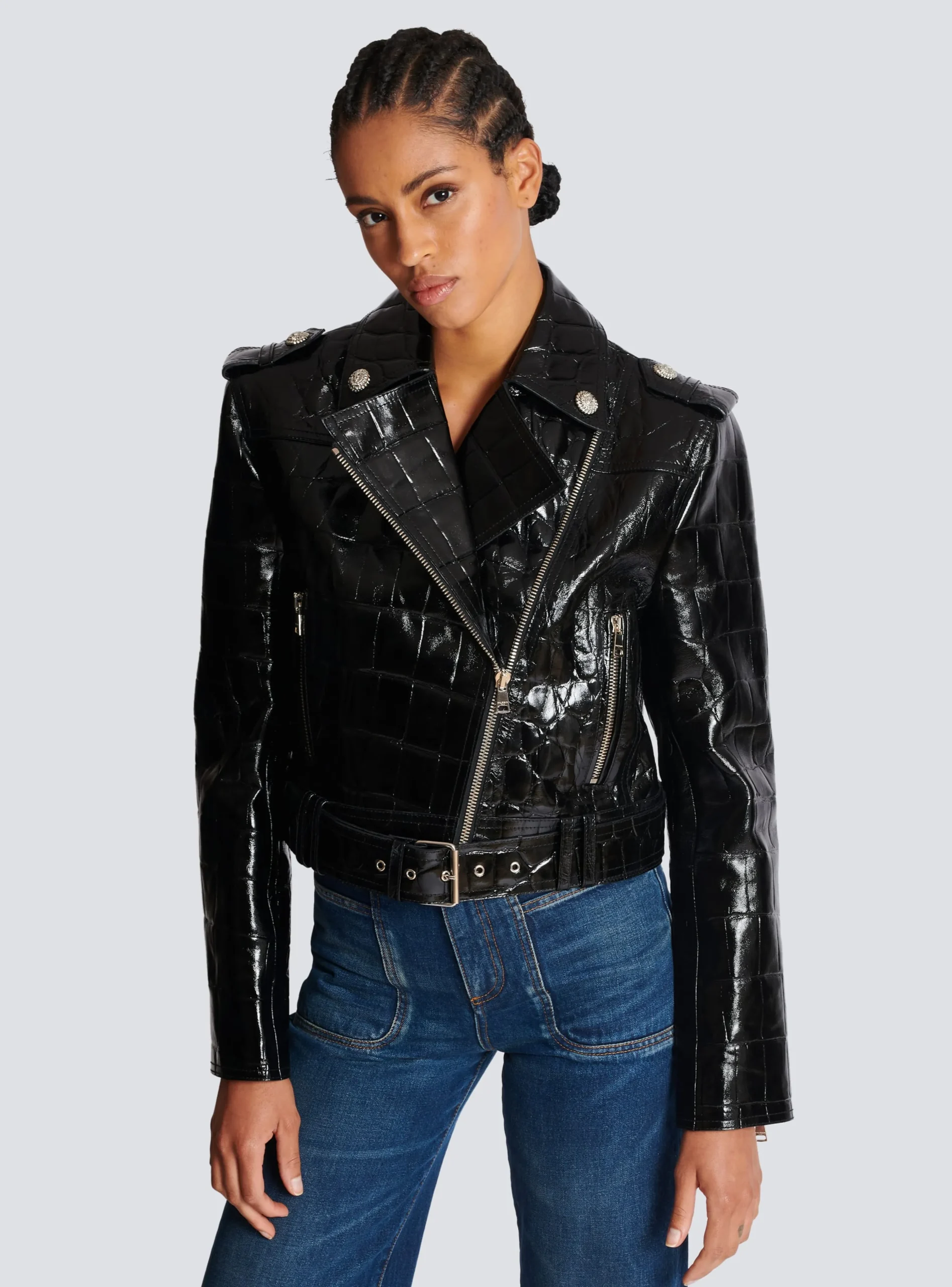 Women Balmain Crocodile-effect Leather Biker Jacket