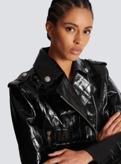 Women Balmain Crocodile-effect Leather Biker Jacket