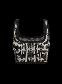 Women Balmain Cropped Bicolor Jacquard Sports Bra Top With Monogram