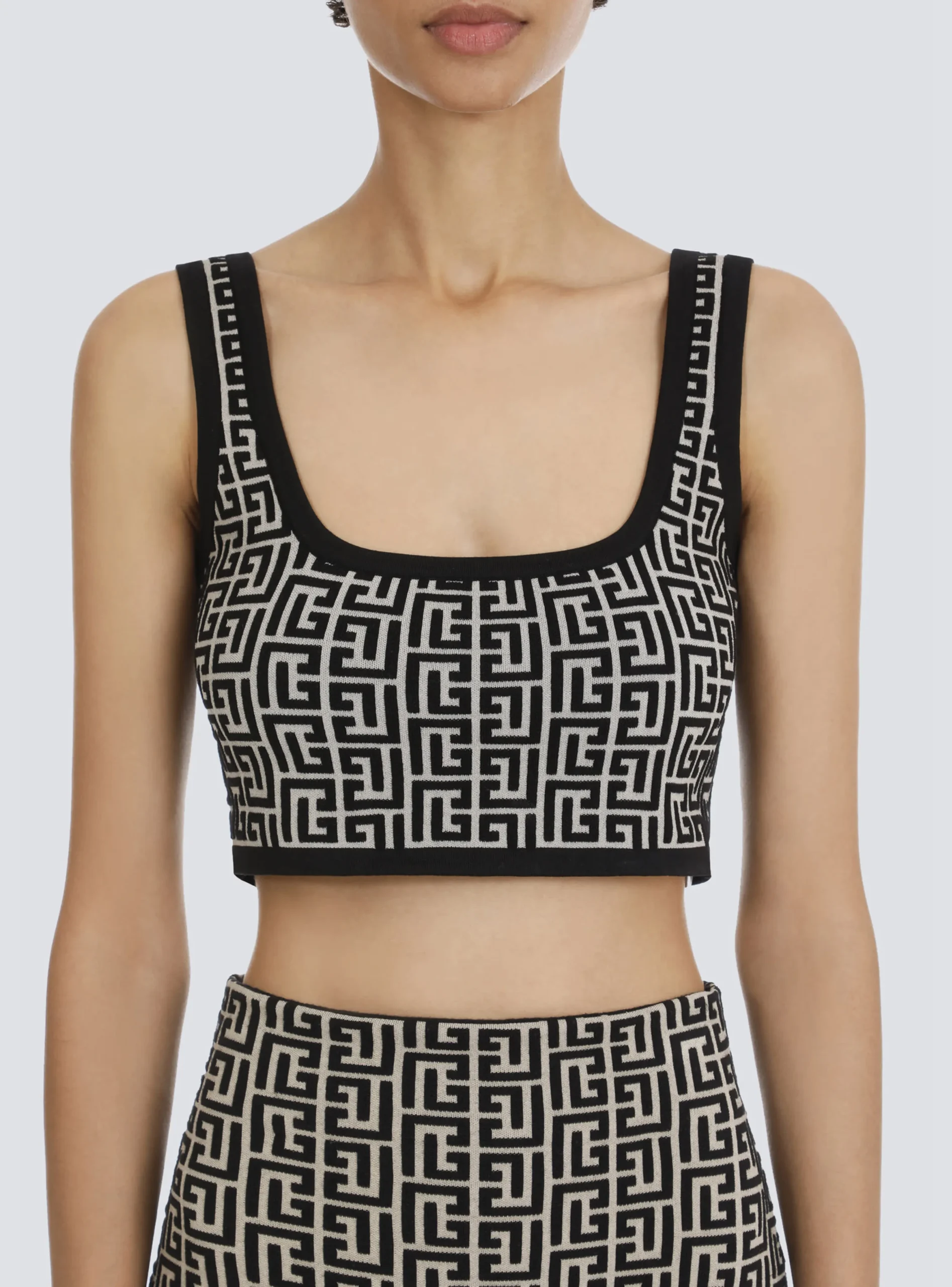 Women Balmain Cropped Bicolor Jacquard Sports Bra Top With Monogram