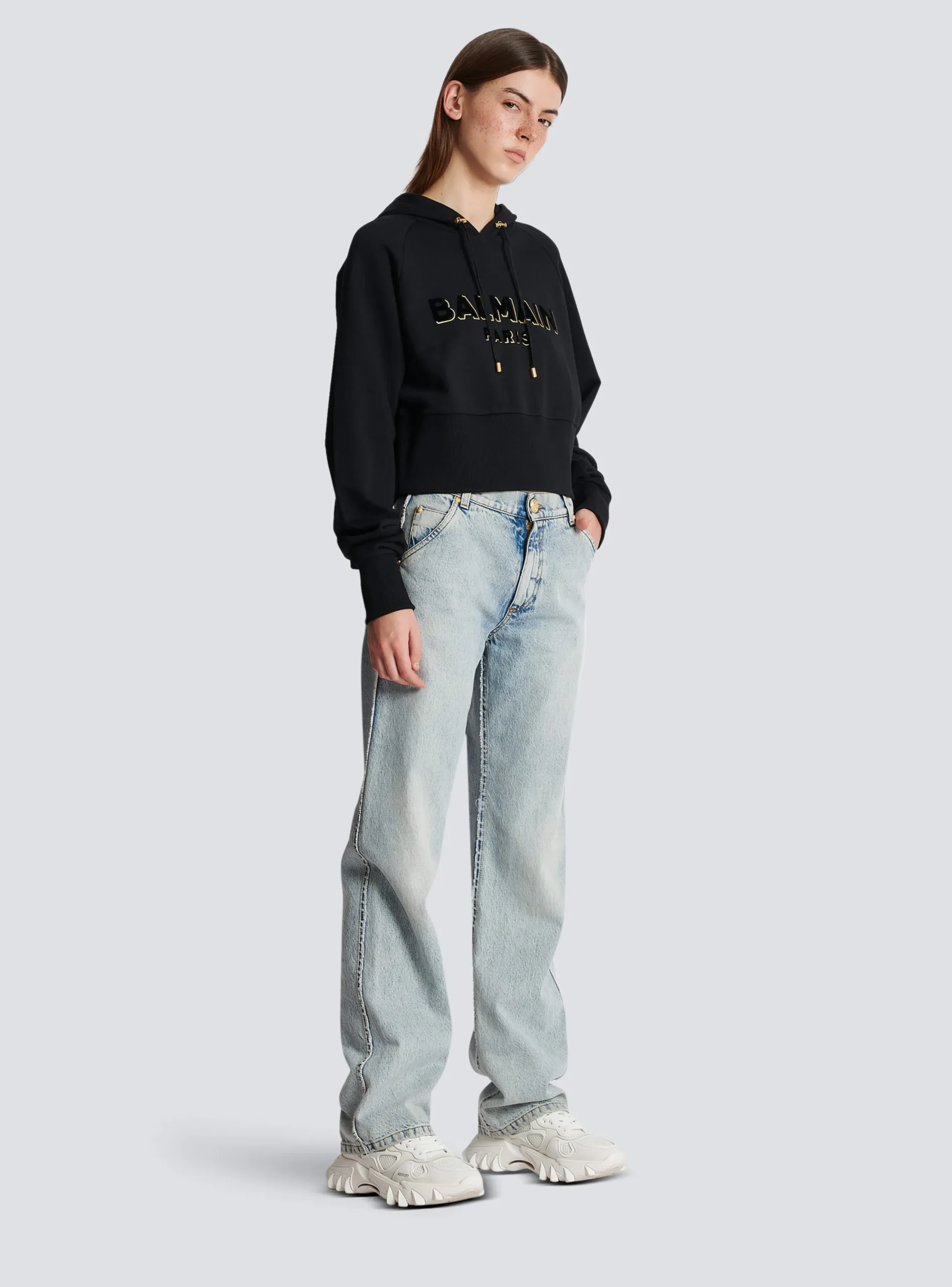 Women Balmain Cropped Cotton Sweatshirt With Flocked Metallic Logo