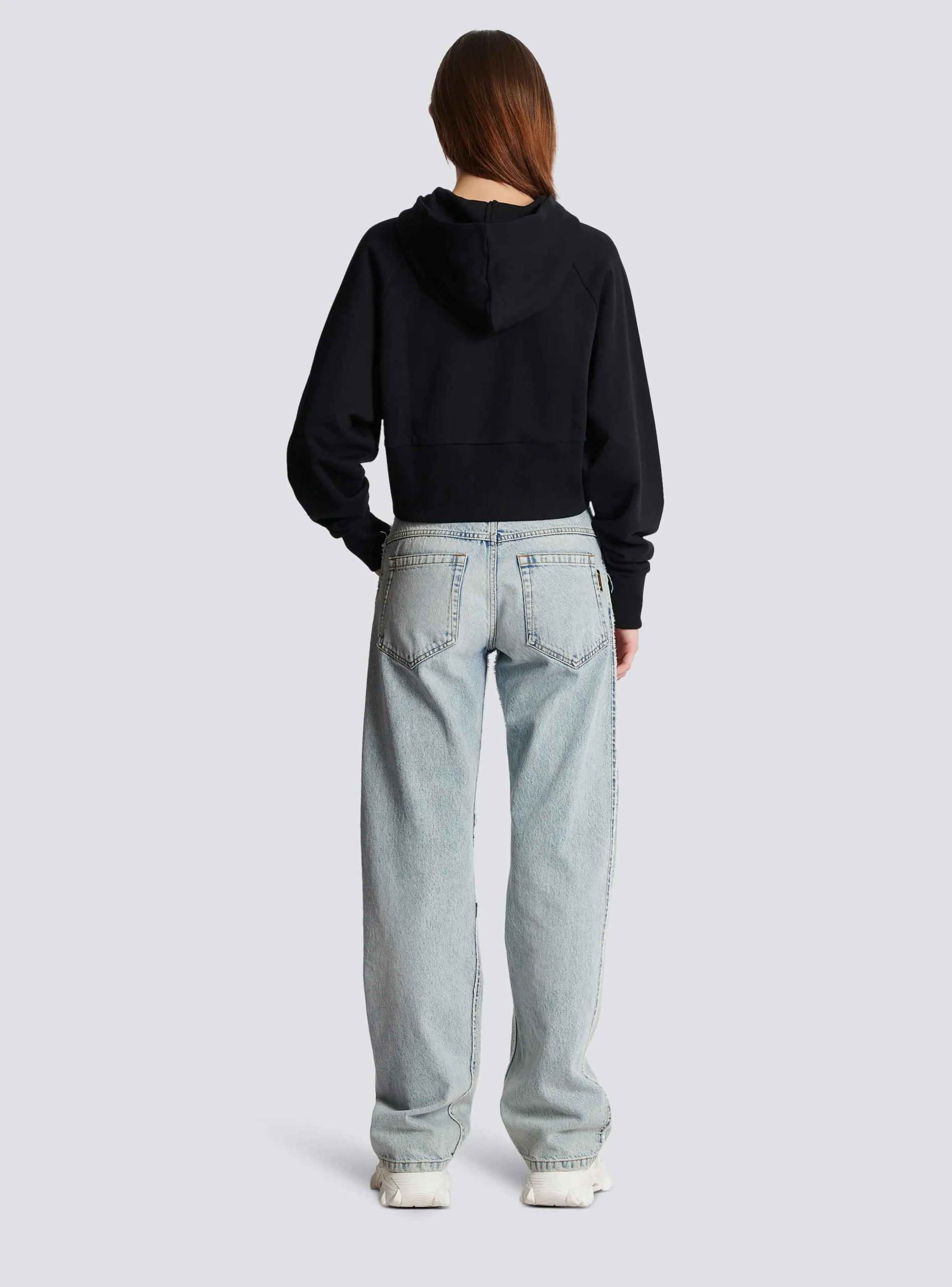 Women Balmain Cropped Cotton Sweatshirt With Flocked Metallic Logo