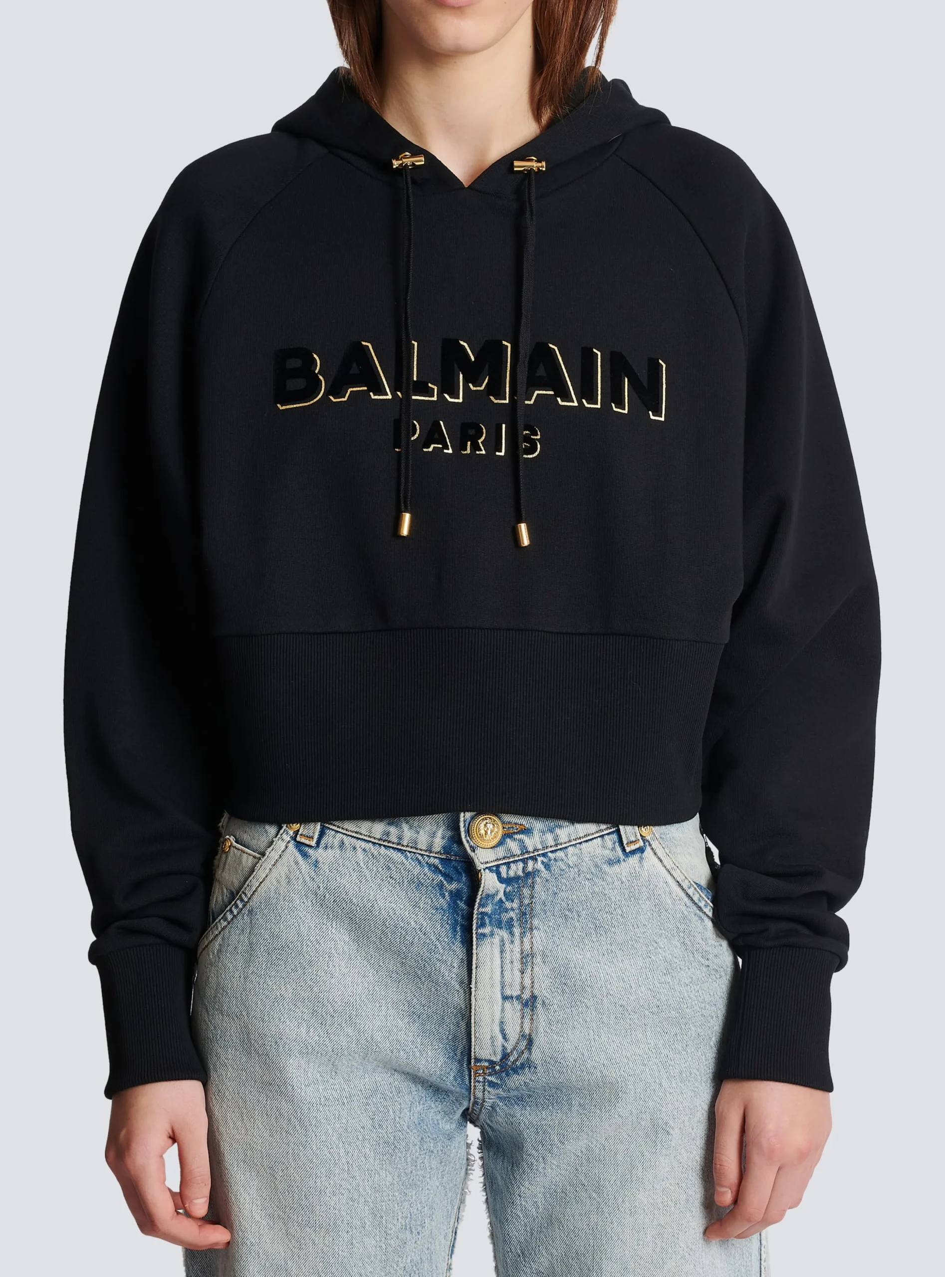 Women Balmain Cropped Cotton Sweatshirt With Flocked Metallic Logo