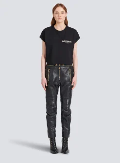 Women Balmain Cropped Cotton T-shirt With Small Embroidered Logo