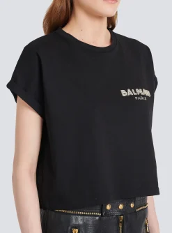 Women Balmain Cropped Cotton T-shirt With Small Embroidered Logo