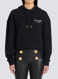 Women Balmain Cropped Eco-design Cotton Sweatshirt With Flocked Graffiti Logo