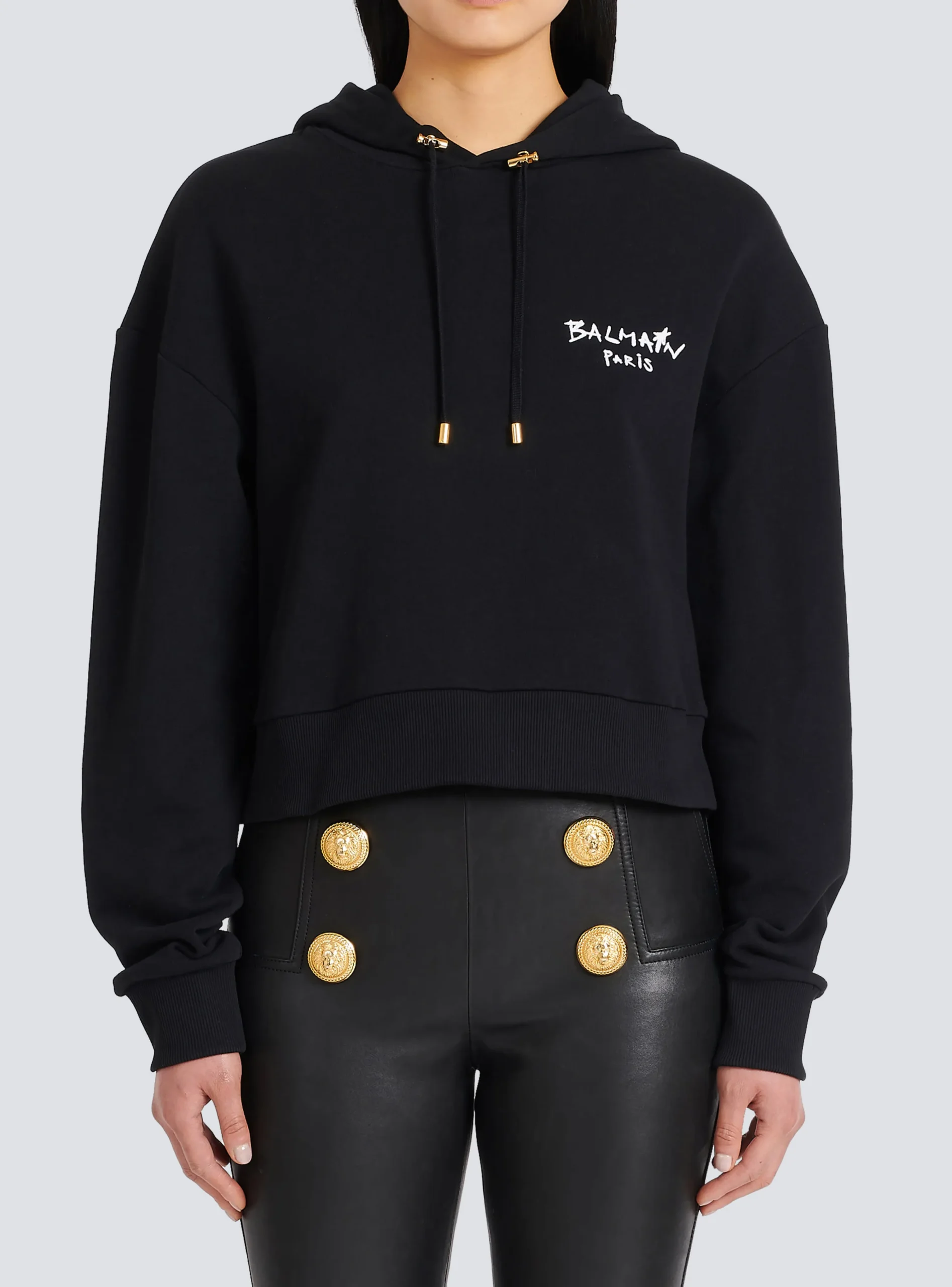 Women Balmain Cropped Eco-design Cotton Sweatshirt With Flocked Graffiti Logo