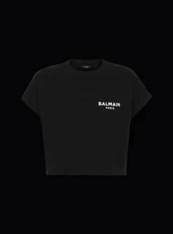 Women Balmain Cropped Eco-designed Cotton T-shirt With Small Flocked Logo