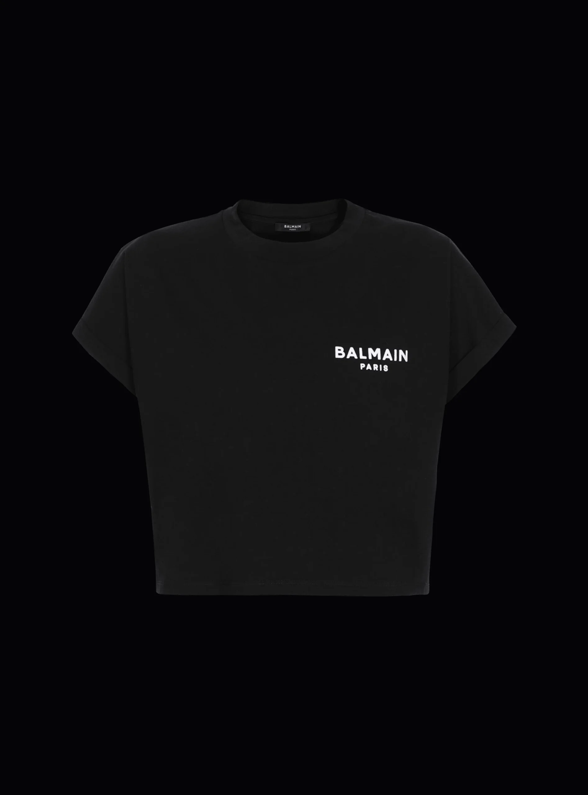 Women Balmain Cropped Eco-designed Cotton T-shirt With Small Flocked Logo