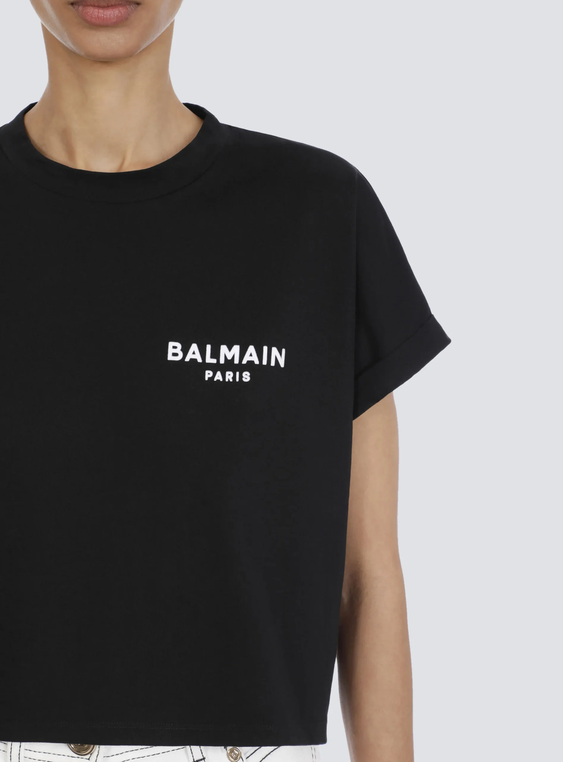 Women Balmain Cropped Eco-designed Cotton T-shirt With Small Flocked Logo
