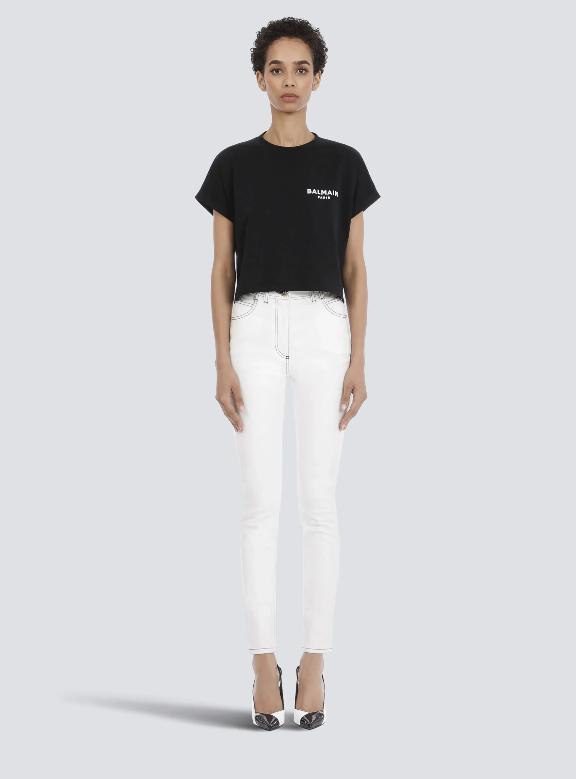 Women Balmain Cropped Eco-designed Cotton T-shirt With Small Flocked Logo