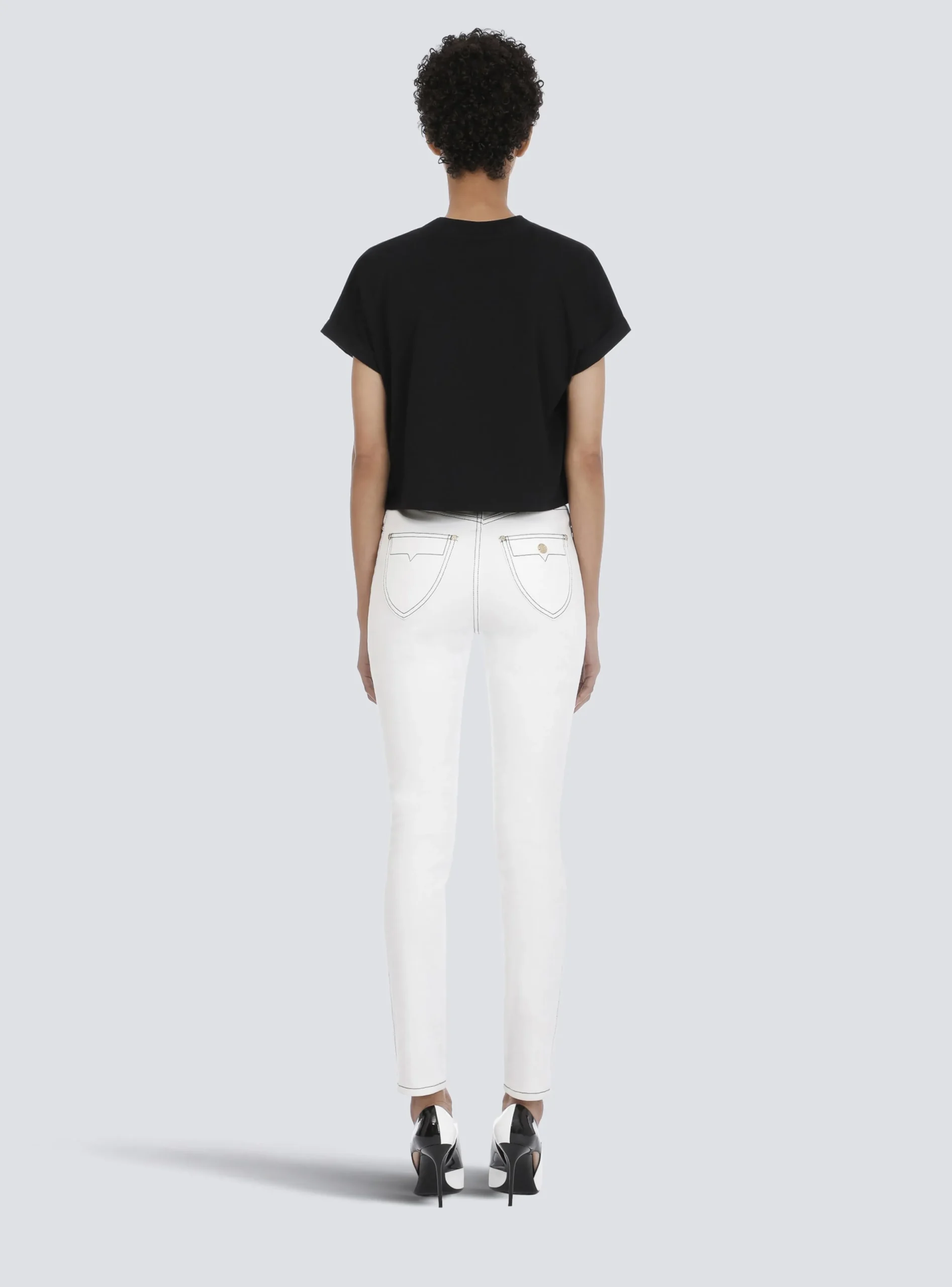 Women Balmain Cropped Eco-designed Cotton T-shirt With Small Flocked Logo