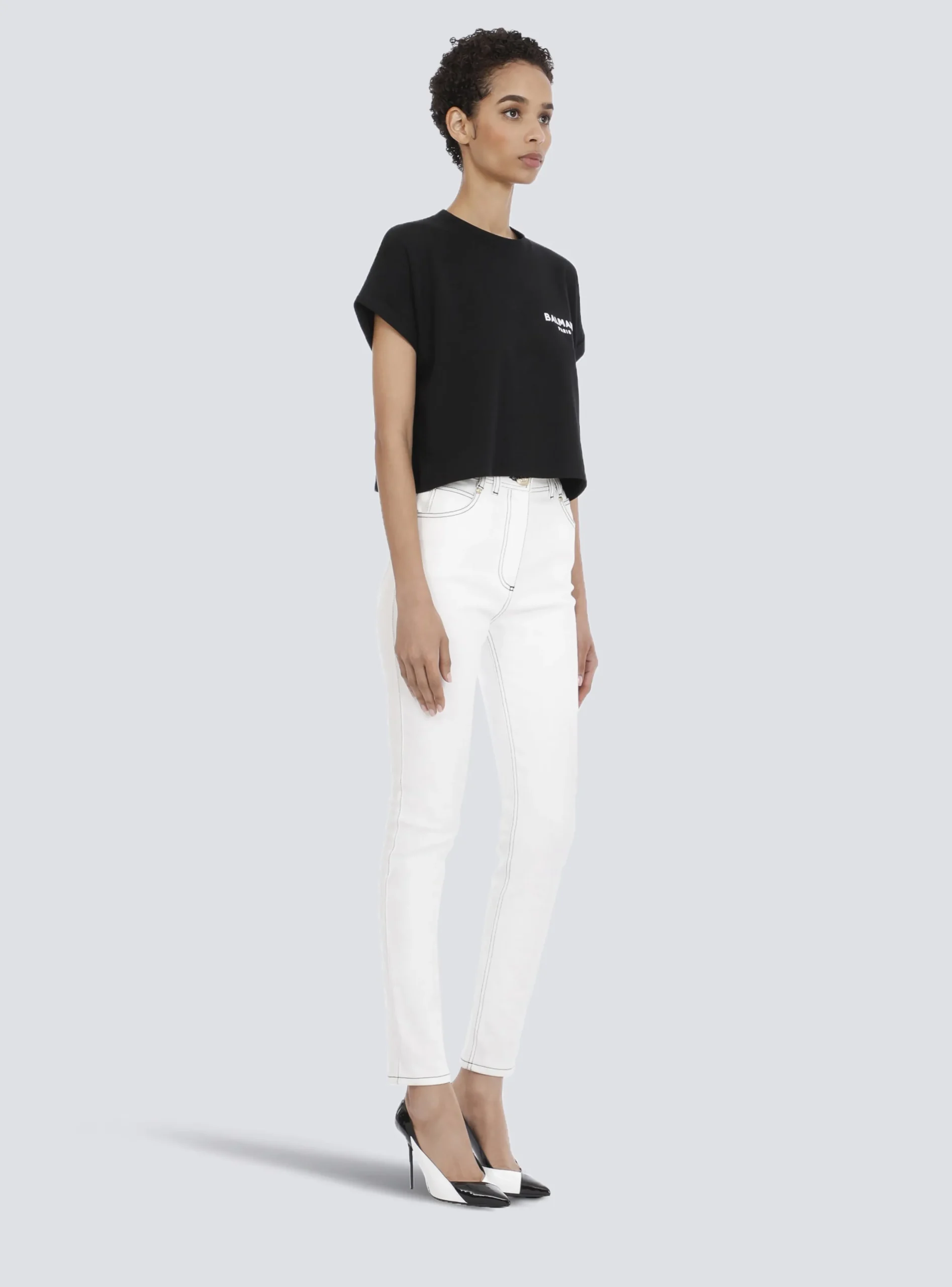 Women Balmain Cropped Eco-designed Cotton T-shirt With Small Flocked Logo