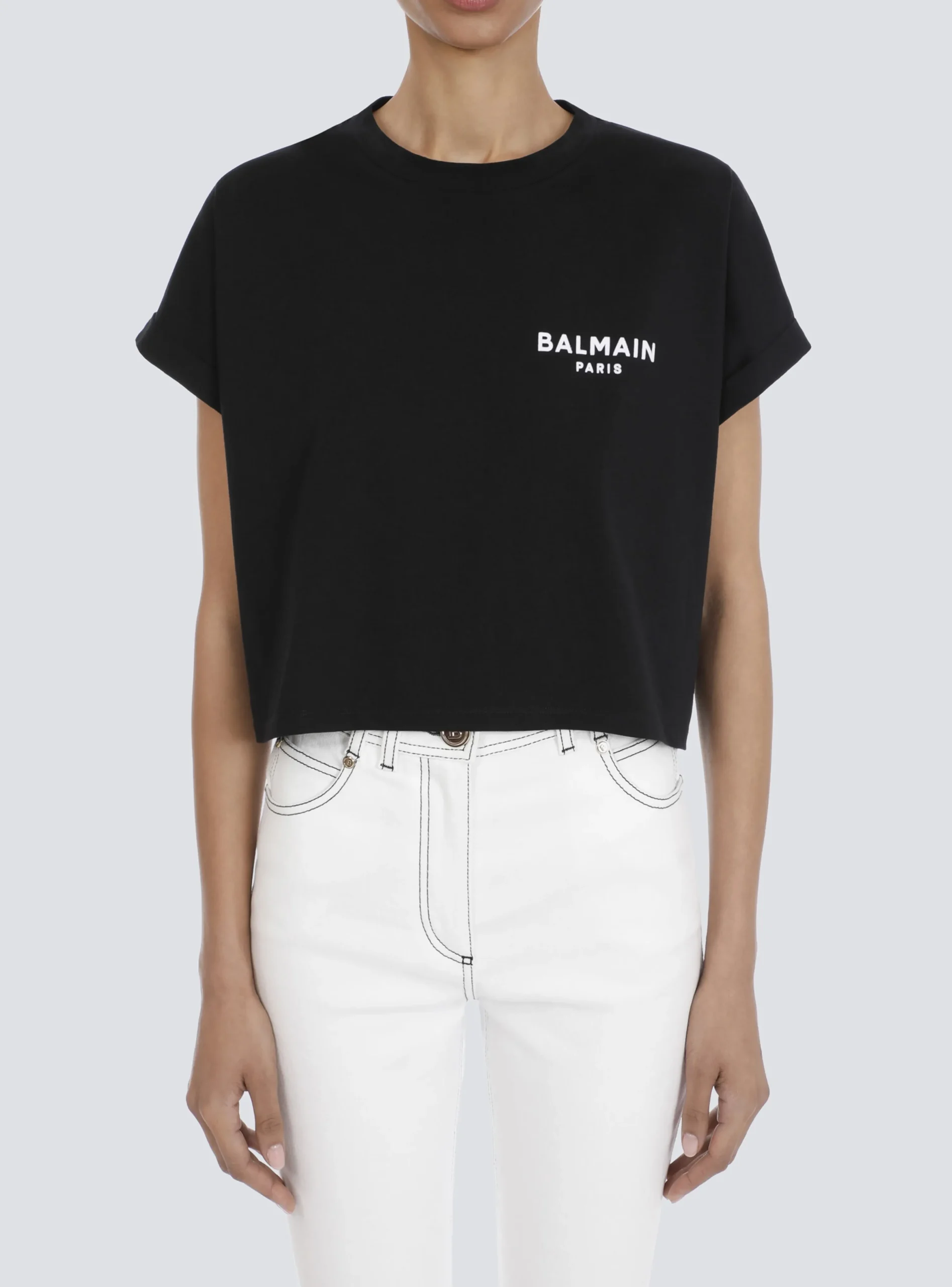 Women Balmain Cropped Eco-designed Cotton T-shirt With Small Flocked Logo