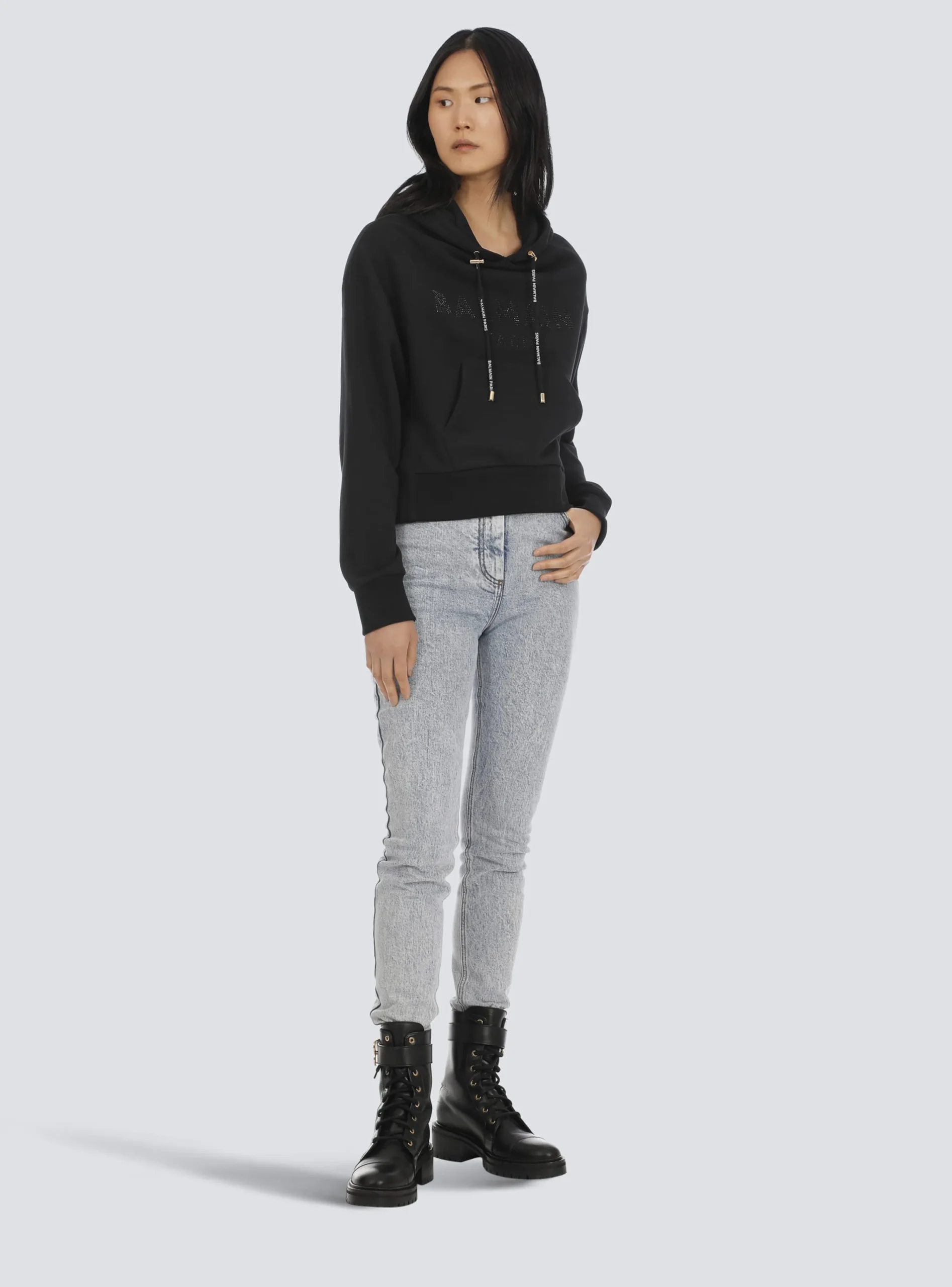 Women Balmain Cropped Eco-designed Cotton Sweatshirt With Rhinestone Logo
