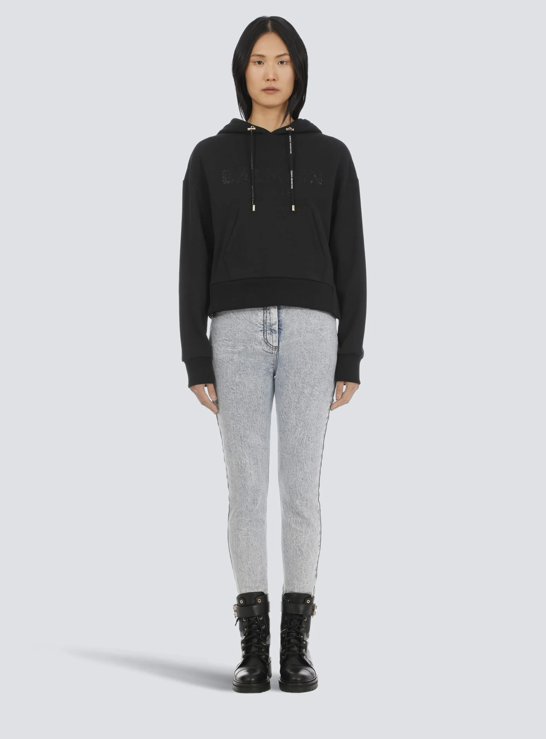 Women Balmain Cropped Eco-designed Cotton Sweatshirt With Rhinestone Logo